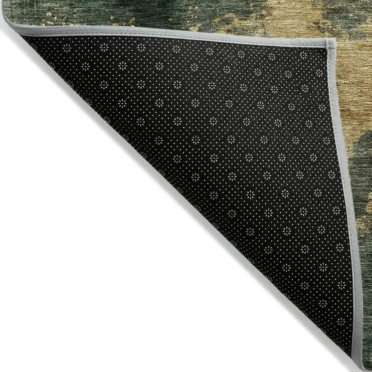 3' X 5' Fern Green And Gold Abstract Washable Indoor Outdoor Area Rug