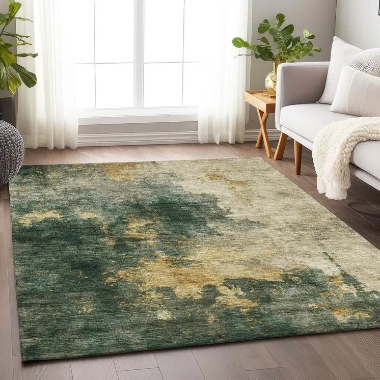 3' X 5' Fern Green And Gold Abstract Washable Indoor Outdoor Area Rug