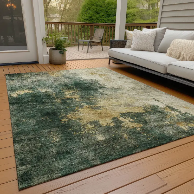 5' X 8' Fern Green And Gold Abstract Washable Indoor Outdoor Area Rug