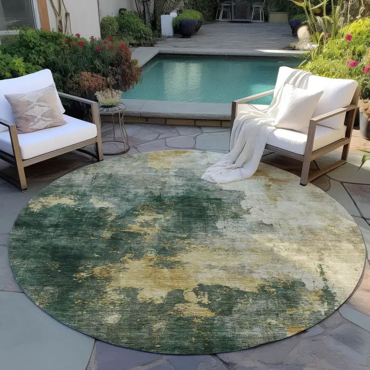 8' Fern Green And Gold Round Abstract Washable Indoor Outdoor Area Rug