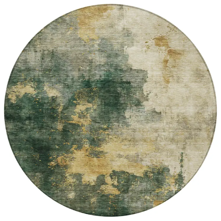 8' Fern Green And Gold Round Abstract Washable Indoor Outdoor Area Rug