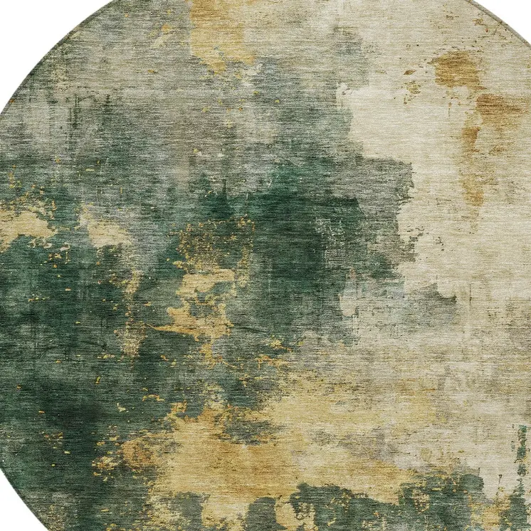 8' Fern Green And Gold Round Abstract Washable Indoor Outdoor Area Rug