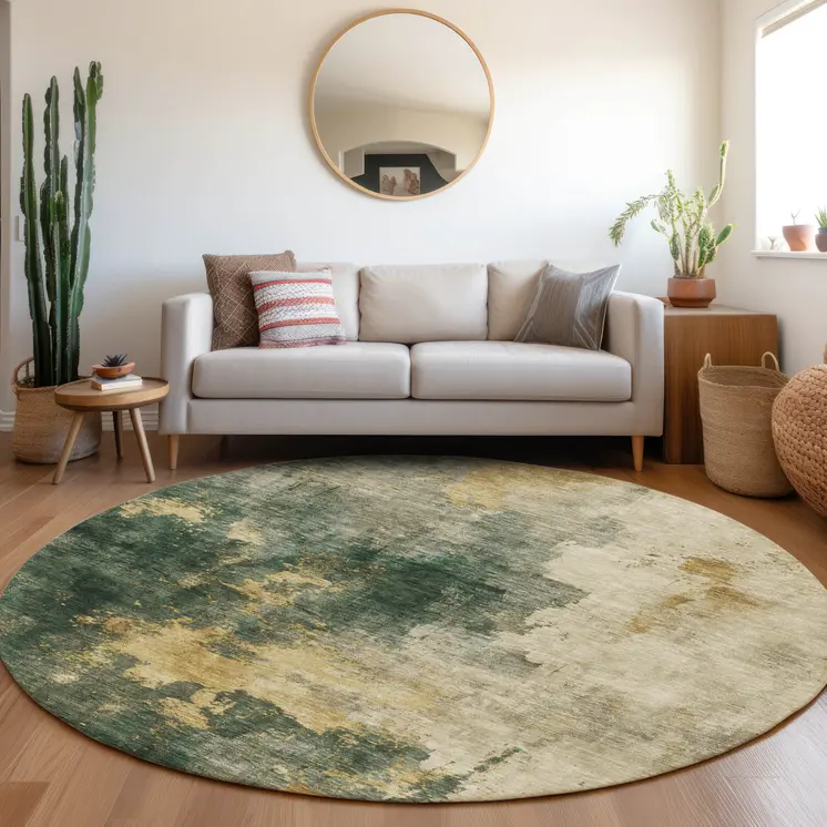 8' Fern Green And Gold Round Abstract Washable Indoor Outdoor Area Rug
