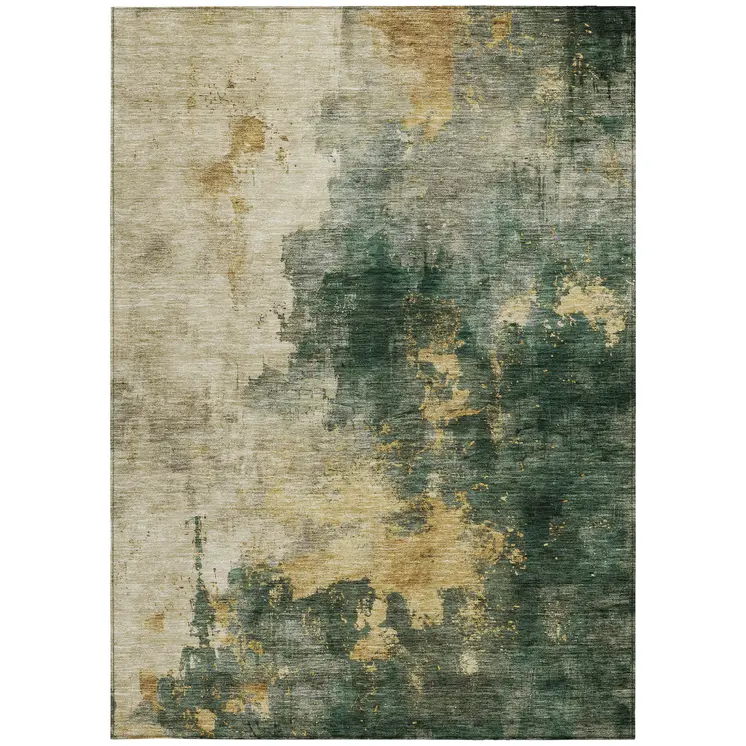 9' X 12' Fern Green And Gold Abstract Washable Indoor Outdoor Area Rug