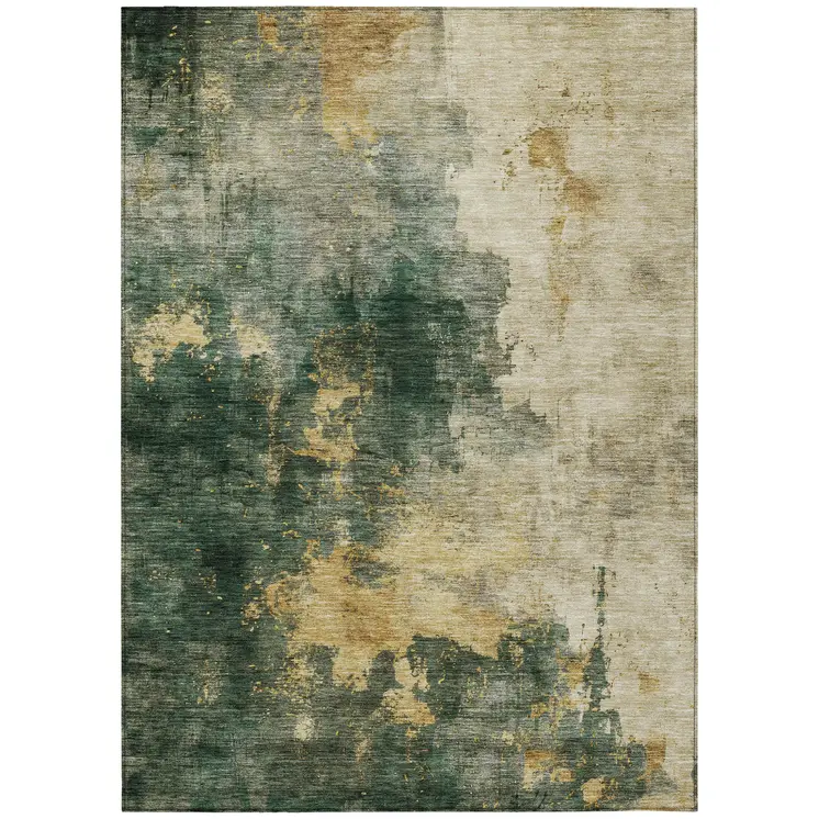 9' X 12' Fern Green And Gold Abstract Washable Indoor Outdoor Area Rug