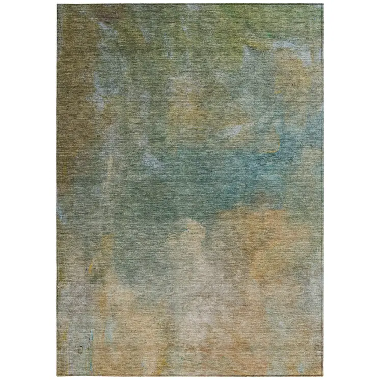 5' X 8' Artichoke Green Gray And Gold Abstract Washable Indoor Outdoor Area Rug