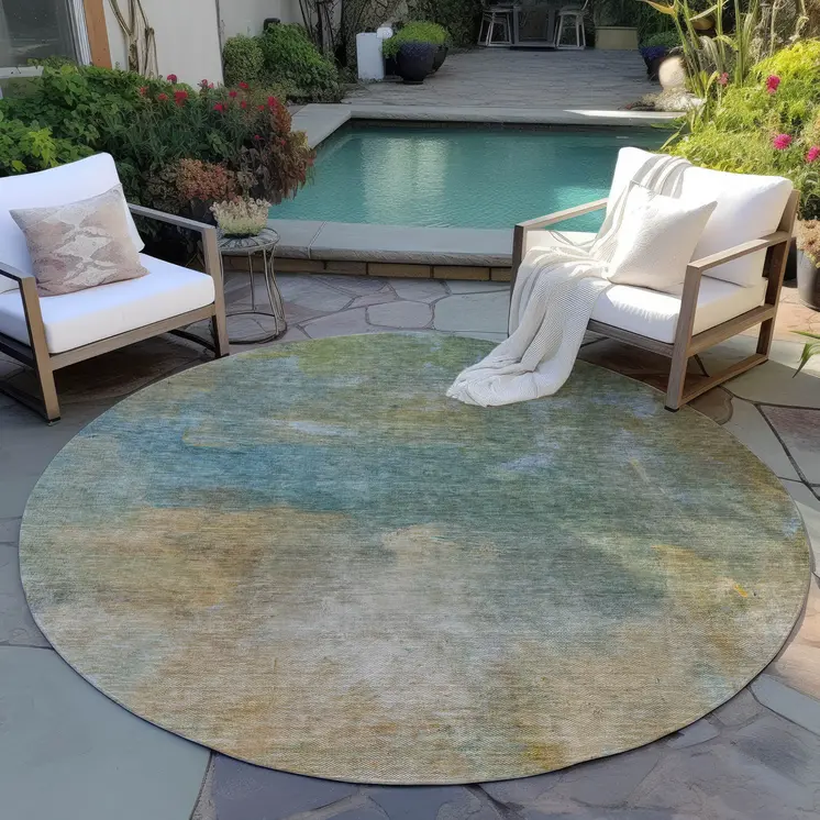 8' Artichoke Green Gray And Gold Round Abstract Washable Indoor Outdoor Area Rug