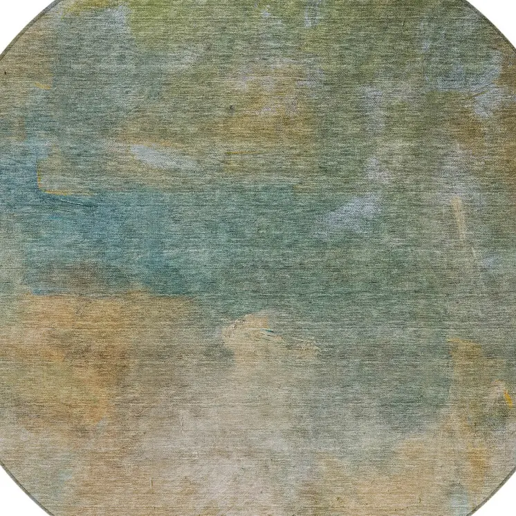8' Artichoke Green Gray And Gold Round Abstract Washable Indoor Outdoor Area Rug