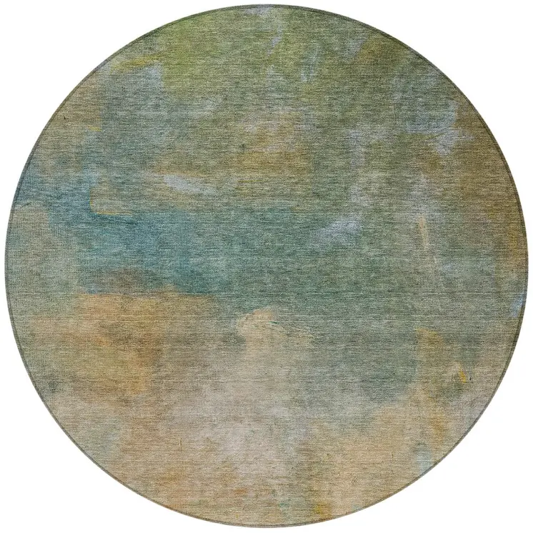 8' Artichoke Green Gray And Gold Round Abstract Washable Indoor Outdoor Area Rug