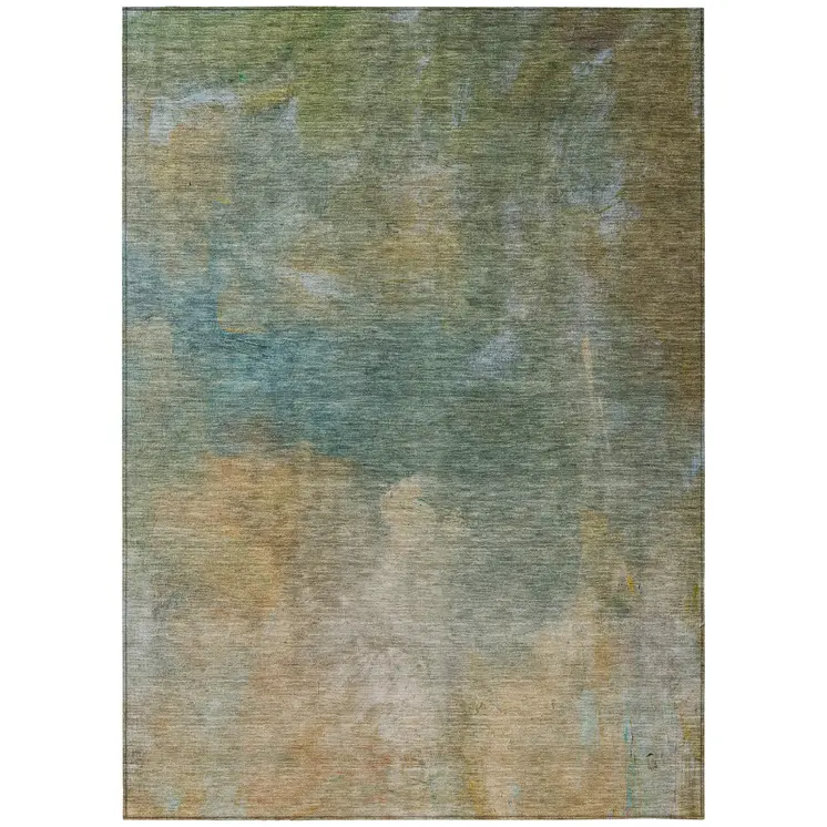 8' X 10' Artichoke Green Gray And Gold Abstract Washable Indoor Outdoor Area Rug