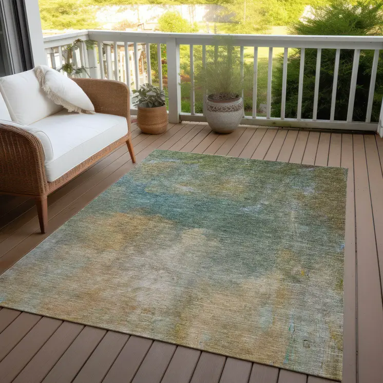 9' X 12' Artichoke Green Gray And Gold Abstract Washable Indoor Outdoor Area Rug