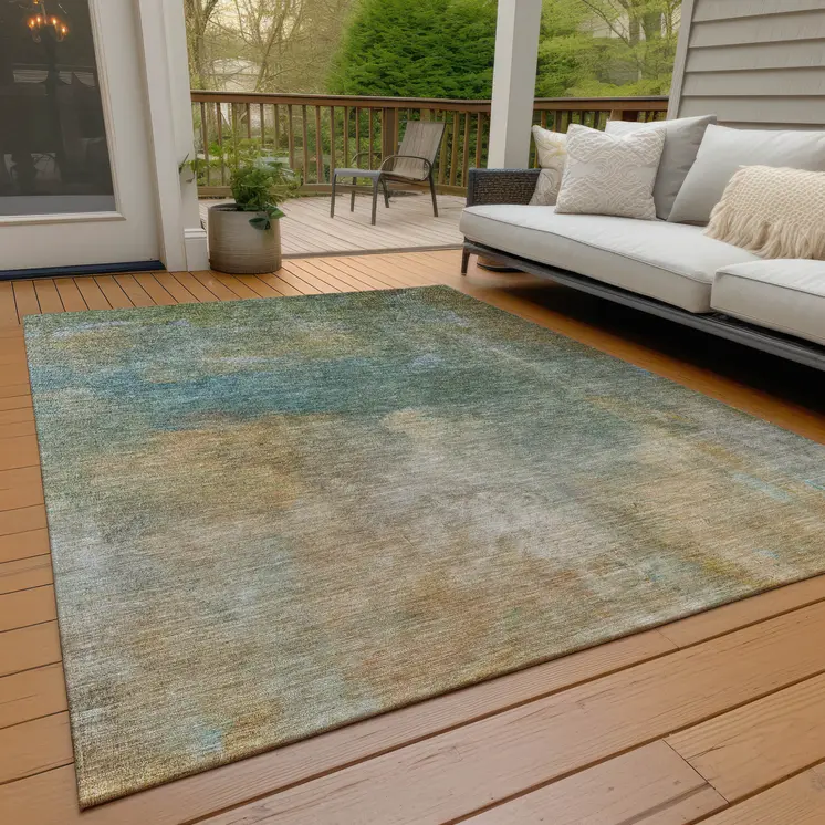 10' X 14' Artichoke Green Gray And Gold Abstract Washable Indoor Outdoor Area Rug