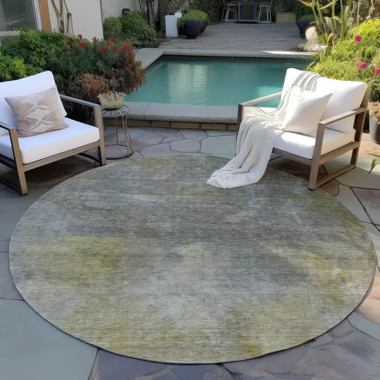 8' Pewter And Light Yellow Round Abstract Washable Indoor Outdoor Area Rug