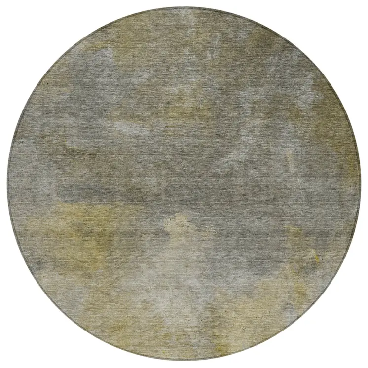 8' Pewter And Light Yellow Round Abstract Washable Indoor Outdoor Area Rug