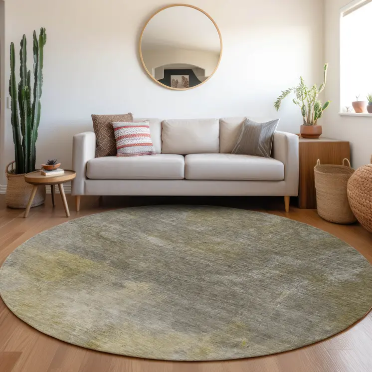 8' Pewter And Light Yellow Round Abstract Washable Indoor Outdoor Area Rug