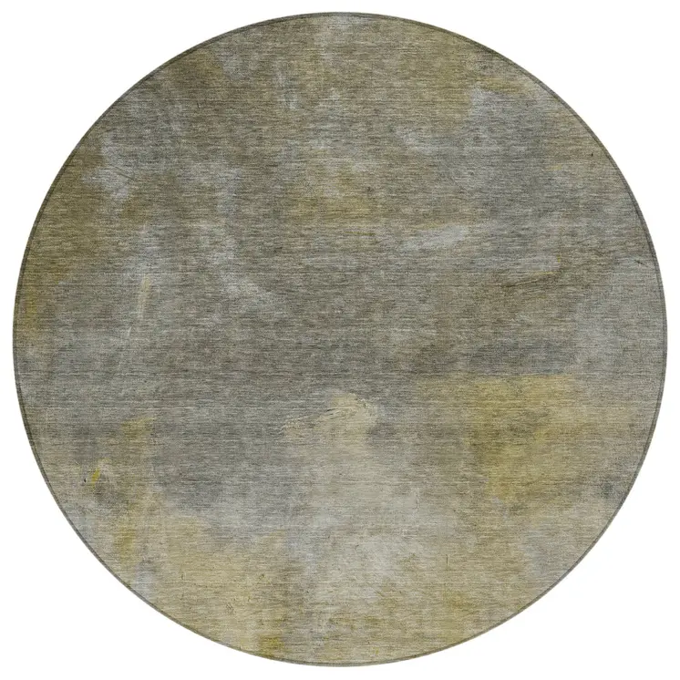 8' Pewter And Light Yellow Round Abstract Washable Indoor Outdoor Area Rug