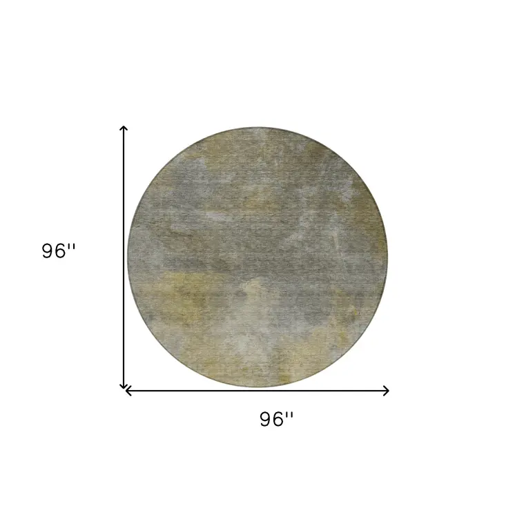 8' Pewter And Light Yellow Round Abstract Washable Indoor Outdoor Area Rug