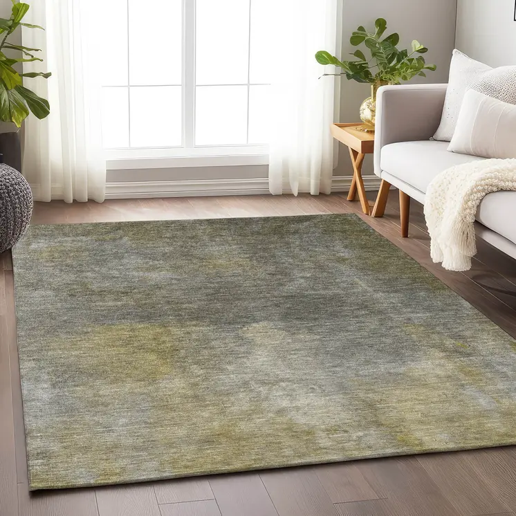 8' X 10' Pewter And Light Yellow Abstract Washable Indoor Outdoor Area Rug
