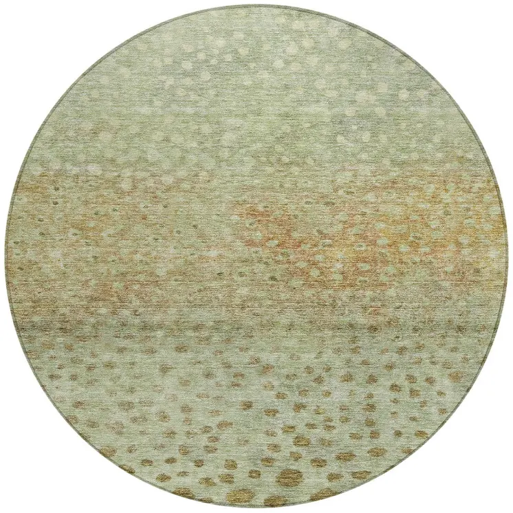 8' Artichoke Green Ivory And Brown Round Abstract Washable Indoor Outdoor Area Rug