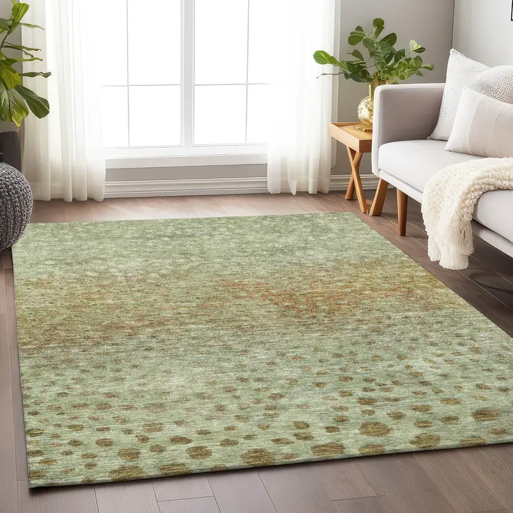 10' X 14' Artichoke Green Ivory And Brown Abstract Washable Indoor Outdoor Area Rug