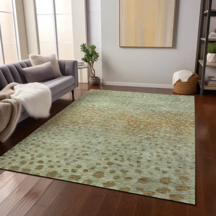 10' X 14' Artichoke Green Ivory And Brown Abstract Washable Indoor Outdoor Area Rug