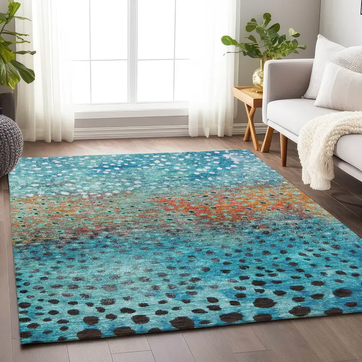 3' X 5' Blue Terra Cotta And Black Abstract Washable Indoor Outdoor Area Rug