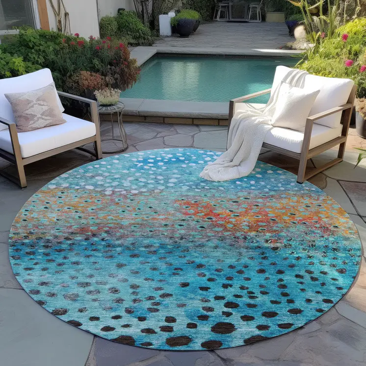 8' Blue Terra Cotta And Black Round Abstract Washable Indoor Outdoor Area Rug