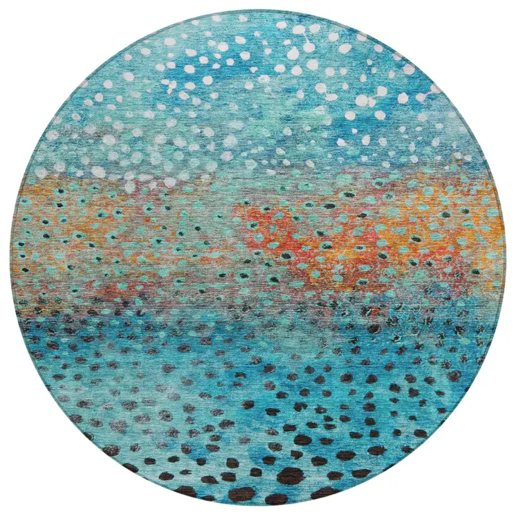 8' Blue Terra Cotta And Black Round Abstract Washable Indoor Outdoor Area Rug
