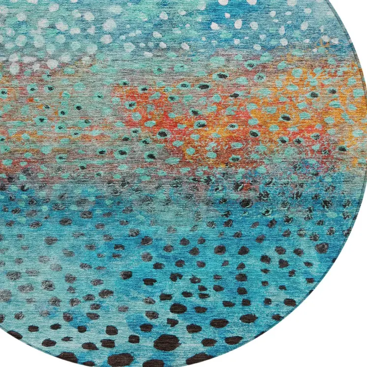 8' Blue Terra Cotta And Black Round Abstract Washable Indoor Outdoor Area Rug