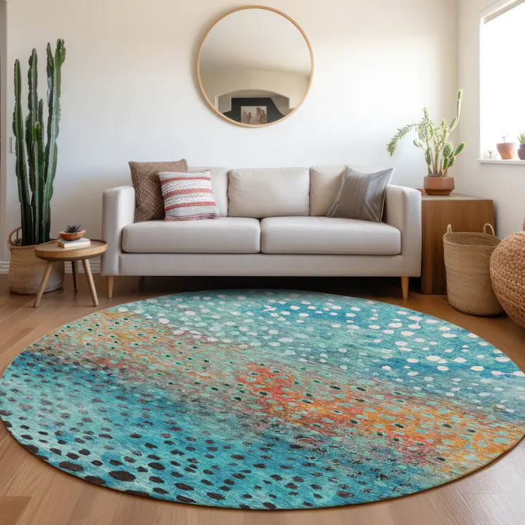8' Blue Terra Cotta And Black Round Abstract Washable Indoor Outdoor Area Rug