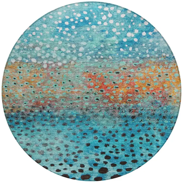 8' Blue Terra Cotta And Black Round Abstract Washable Indoor Outdoor Area Rug