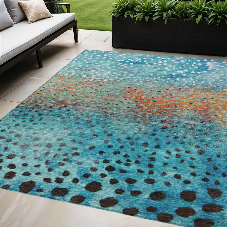 9' X 12' Blue Terra Cotta And Black Abstract Washable Indoor Outdoor Area Rug