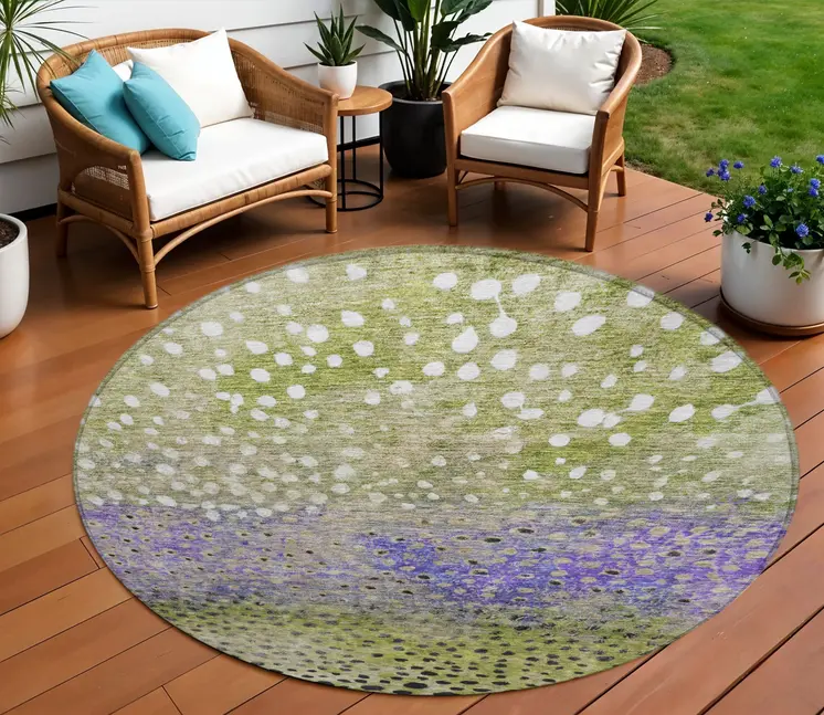8' Green Purple And Black Round Abstract Washable Indoor Outdoor Area Rug