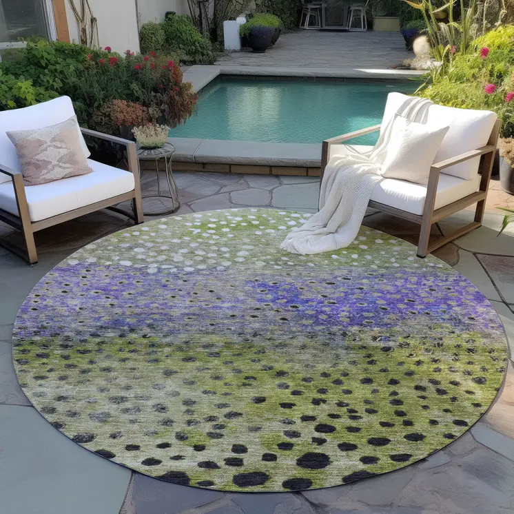 8' Green Purple And Black Round Abstract Washable Indoor Outdoor Area Rug