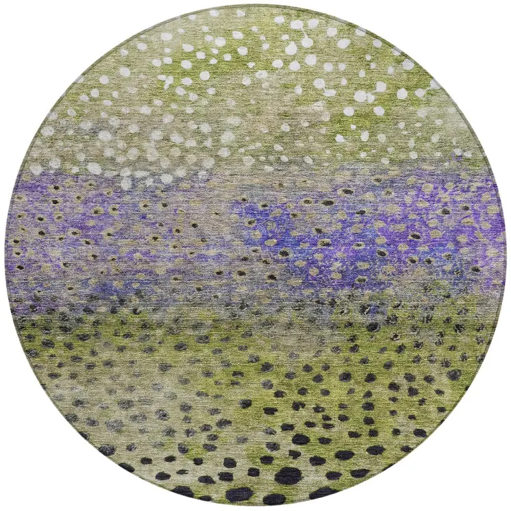 8' Green Purple And Black Round Abstract Washable Indoor Outdoor Area Rug