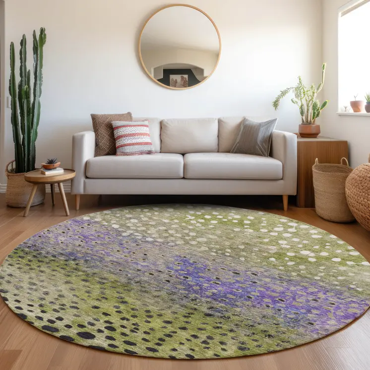 8' Green Purple And Black Round Abstract Washable Indoor Outdoor Area Rug