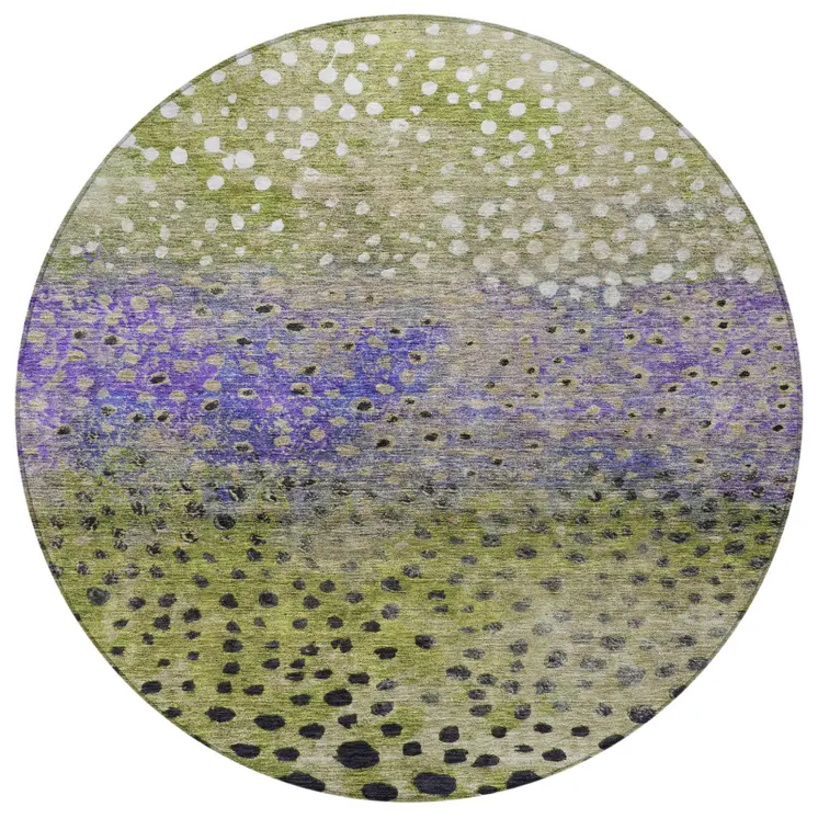 8' Green Purple And Black Round Abstract Washable Indoor Outdoor Area Rug