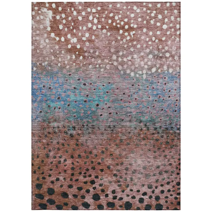 5' X 8' Terra Cotta Blue And Black Abstract Washable Indoor Outdoor Area Rug