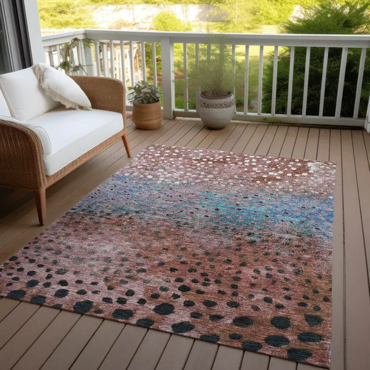 5' X 8' Terra Cotta Blue And Black Abstract Washable Indoor Outdoor Area Rug