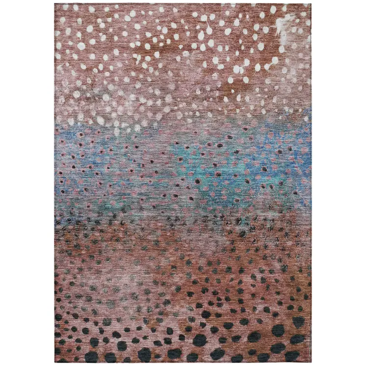 5' X 8' Terra Cotta Blue And Black Abstract Washable Indoor Outdoor Area Rug
