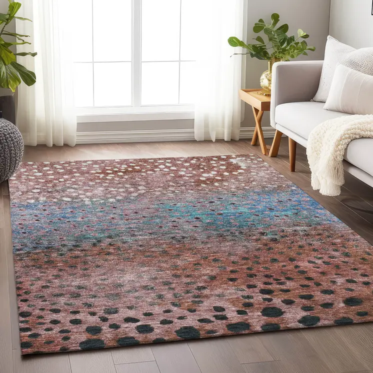 5' X 8' Terra Cotta Blue And Black Abstract Washable Indoor Outdoor Area Rug