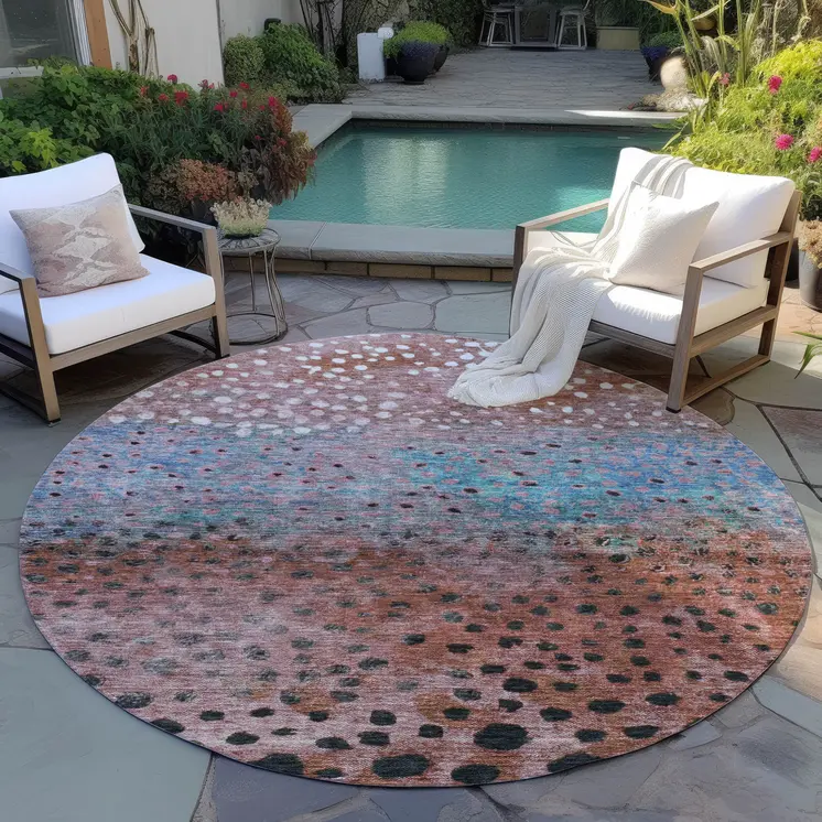 8' Terra Cotta Blue And Black Round Abstract Washable Indoor Outdoor Area Rug