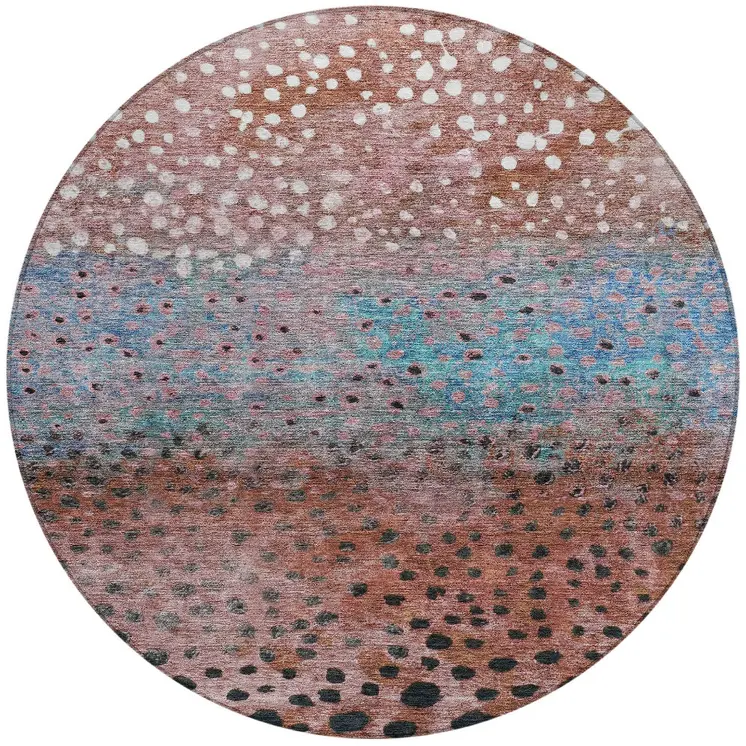 8' Terra Cotta Blue And Black Round Abstract Washable Indoor Outdoor Area Rug