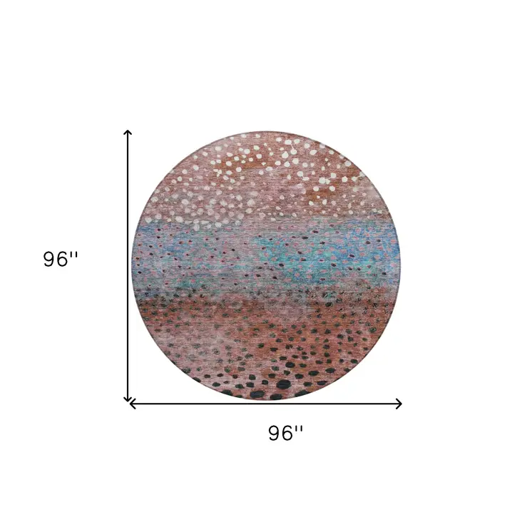 8' Terra Cotta Blue And Black Round Abstract Washable Indoor Outdoor Area Rug
