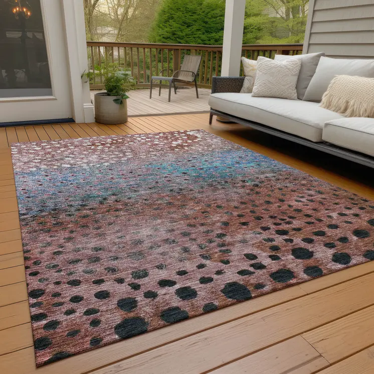 8' X 10' Terra Cotta Blue And Black Abstract Washable Indoor Outdoor Area Rug