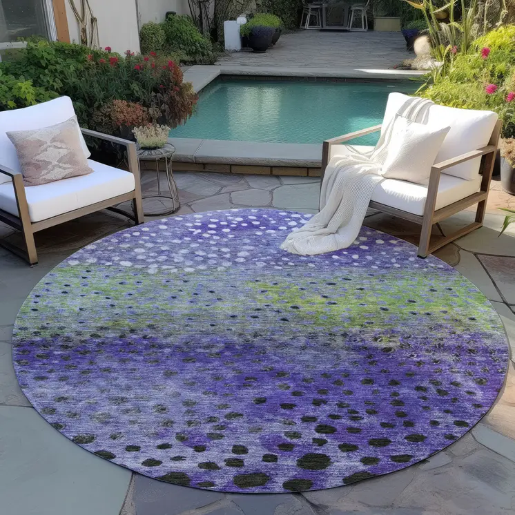 8' Purple Green And Black Round Abstract Washable Indoor Outdoor Area Rug