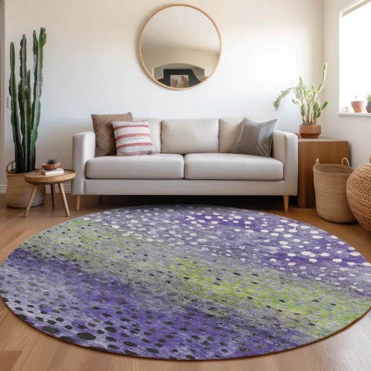 8' Purple Green And Black Round Abstract Washable Indoor Outdoor Area Rug