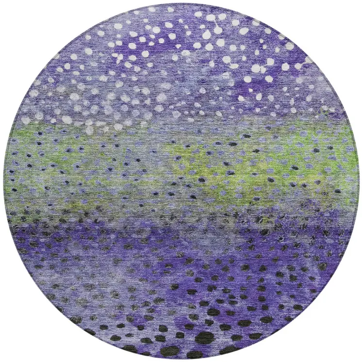 8' Purple Green And Black Round Abstract Washable Indoor Outdoor Area Rug