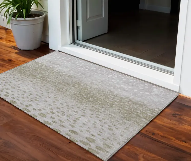 3' X 5' Taupe Green And Ivory Abstract Washable Indoor Outdoor Area Rug