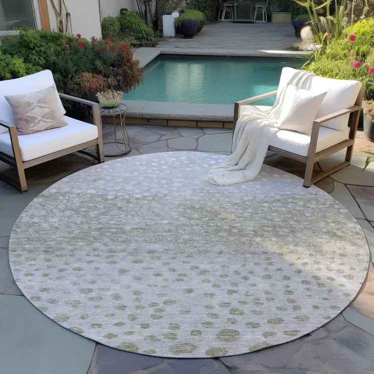 8' Taupe Green And Ivory Round Abstract Washable Indoor Outdoor Area Rug